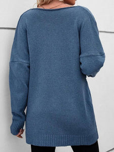 Blue Long Sleeve Plain Sweater