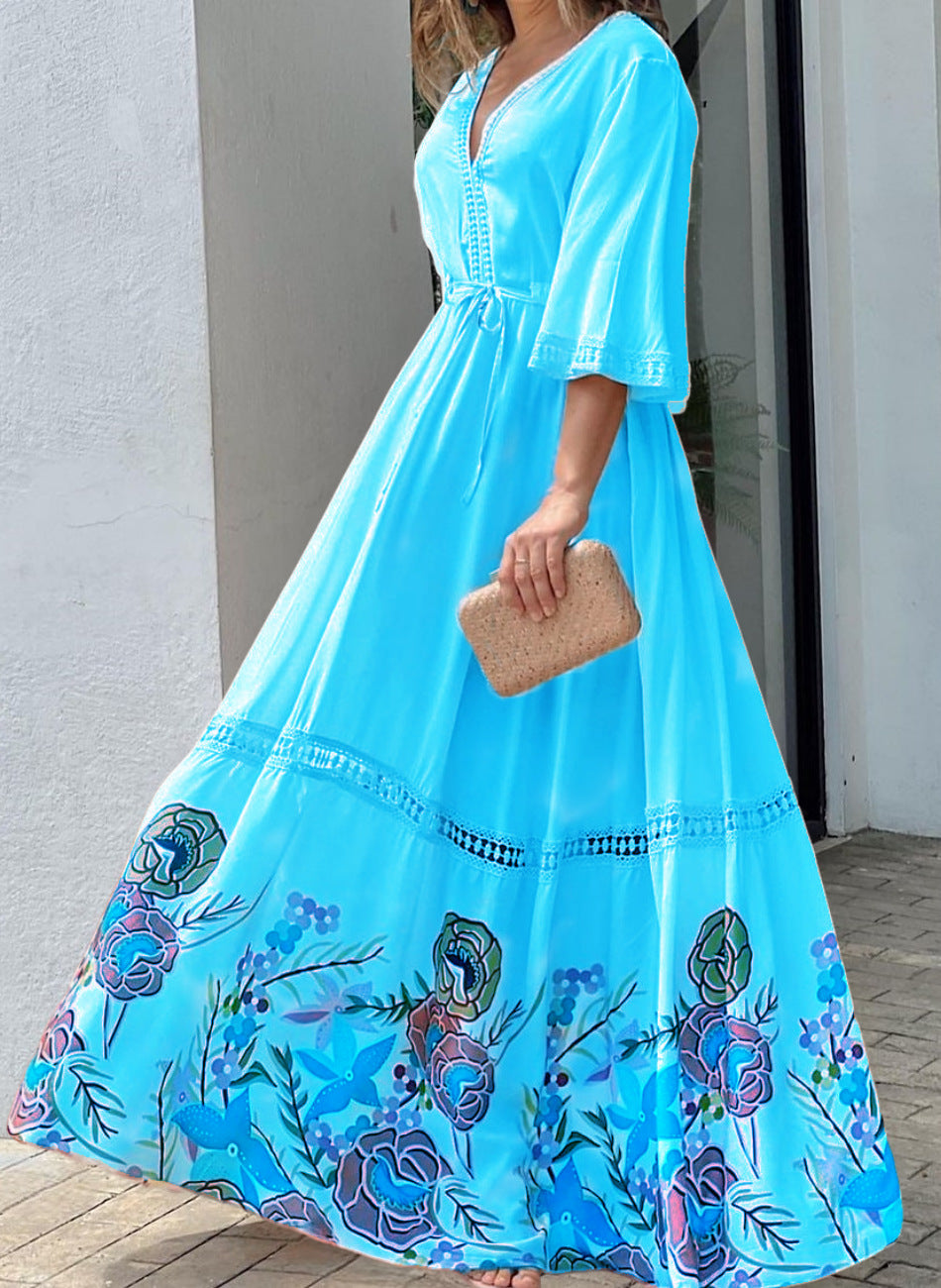 Μακρύ Φόρεμα με δαντέλα Panel V λαιμόκοψη