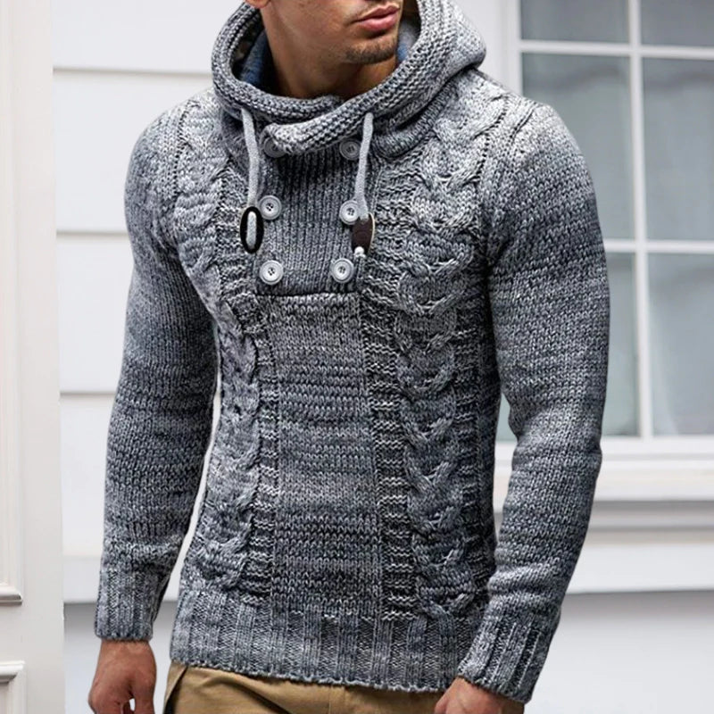 Ανδρικό μασίφ πλεκτό πουλόβερ με κουκούλα με κουμπιά