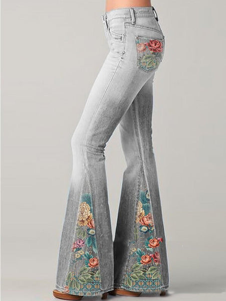 Μόδα Ombre Floral στάμπα παντελόνι με φαρδύ πόδι