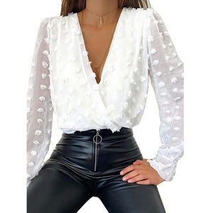 Νέο γυναικείο μακρυμάνικο σιφόν πουκάμισο σε λευκό ζακάρ βαθύ V
