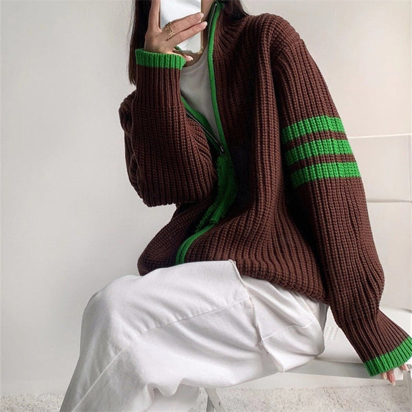 Φθινόπωρο και Χειμώνας 2023 Πολύχρωμο ριγέ πουλόβερ με φερμουάρ για αδυνάτισμα