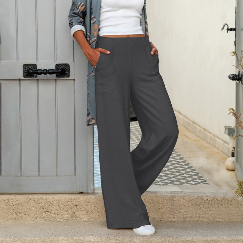 Dámské ležérní jednobarevné kalhoty s širokým elastickým pasem