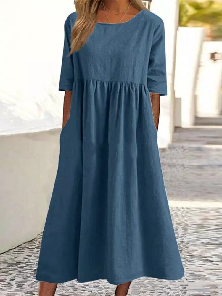 Φαρδύ μακρύ βαμβακερό λινό φόρεμα με στρογγυλή λαιμόκοψη