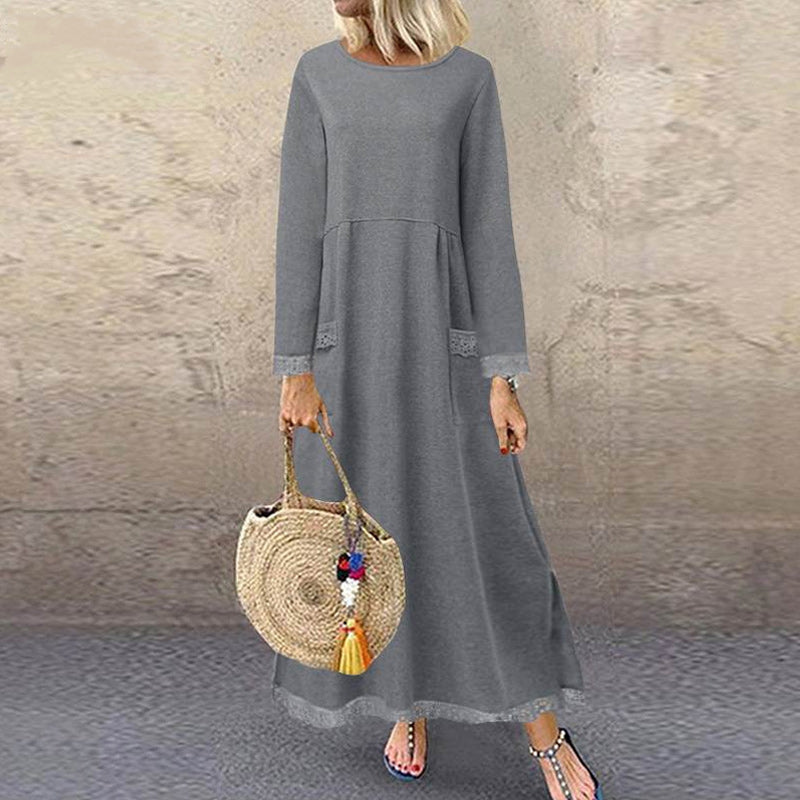 Casual μάλλινο μάξι φόρεμα φούτερ με δαντέλα
