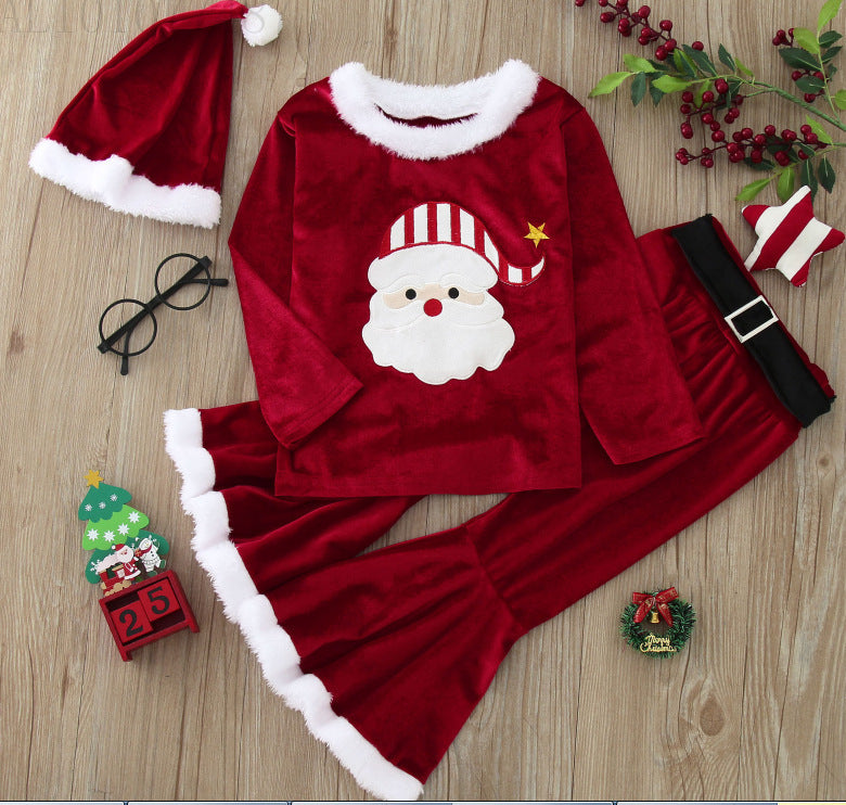 Σετ 3-τεμαχίων Sweet Red Velvet Christmas Print Λούτρινο Top και Flare Pants